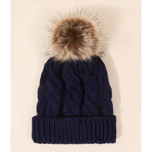 Navy Blue Cable Knit Beanie Hat Faux Fur Pom Pom 100% Acrylic - Picture 3 of 11